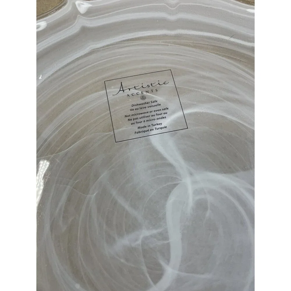 Artistic Accents Turkish Glass 4 Plates Set Entrée Dinner White Swirl 11